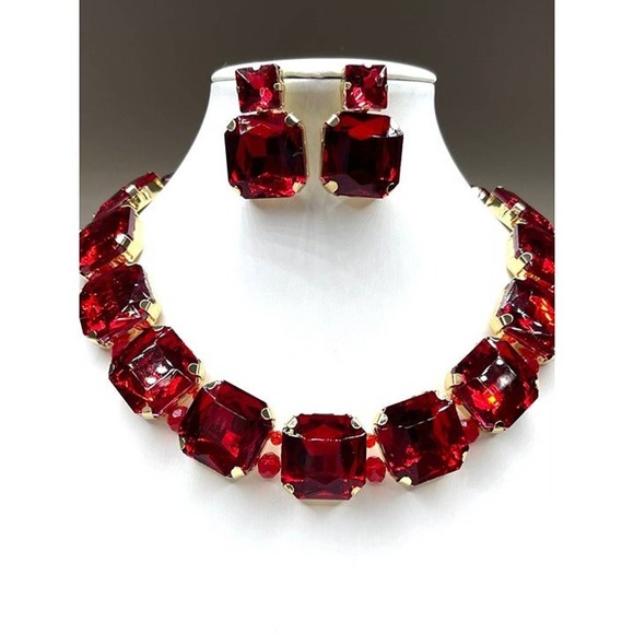 NEW Necklace Earrings Red Rhinestone Jewelry Set 16" 18" 20" Choker Chunky M - Picture 2 of 7